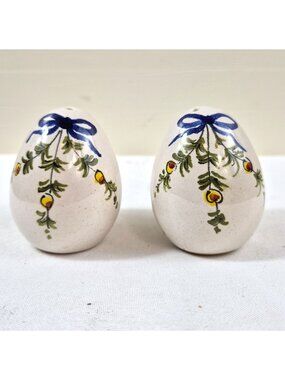 Hand-Painted Ceramic Egg-Shaped Salt & Pepper Shakers Floral Bow Design Vintage